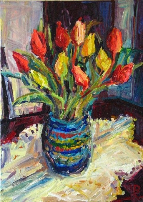 Tulpen in blauer Vase  (70x50)